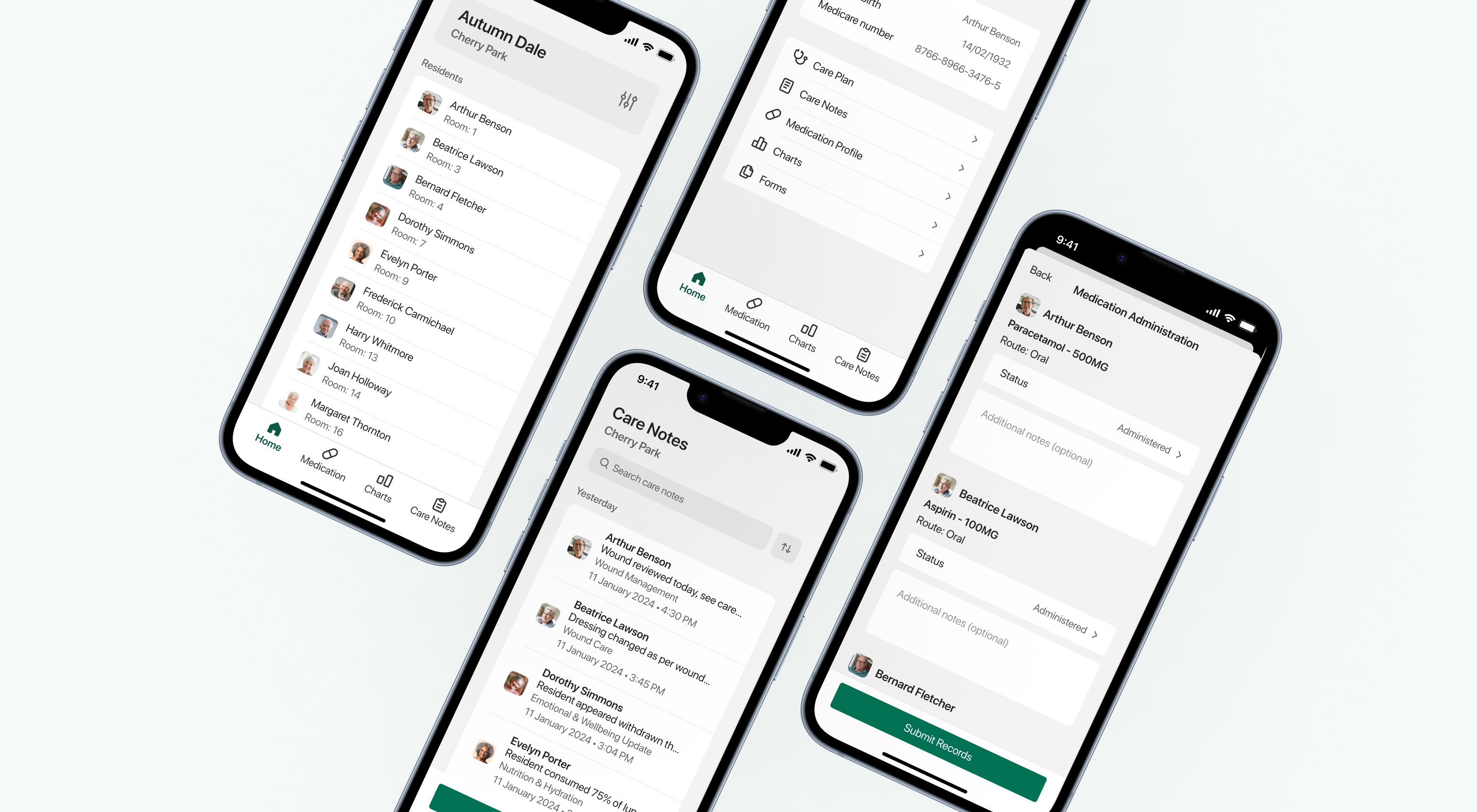 Mobile UI mockups of the redesigned AutumnCare aged care platform, showcasing resident lists, care notes, and medication administration screens.