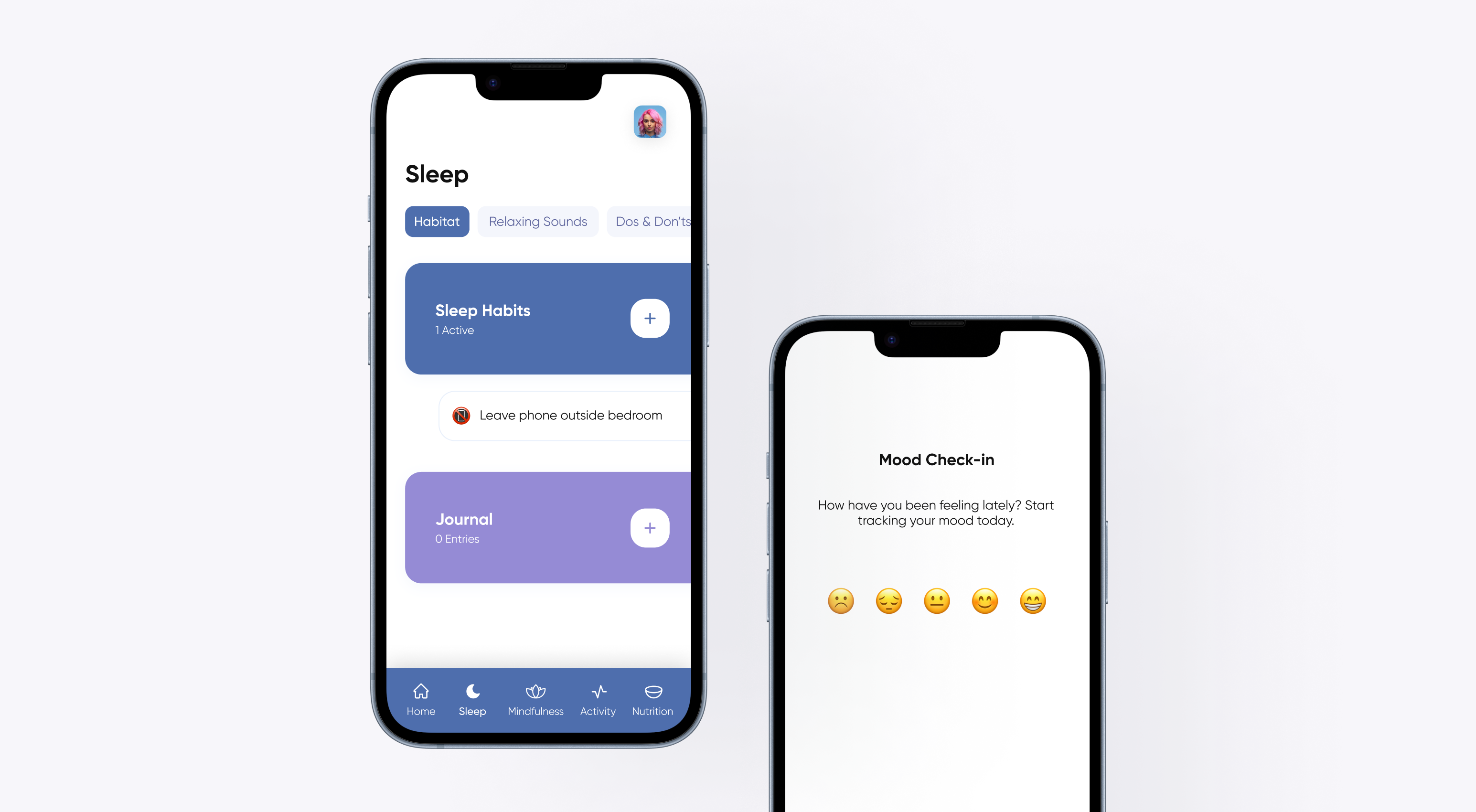 Mobile UI mockups of the Habiits wellbeing app showing a sleep habit tracker and a mood check-in feature with emoji-based feedback.