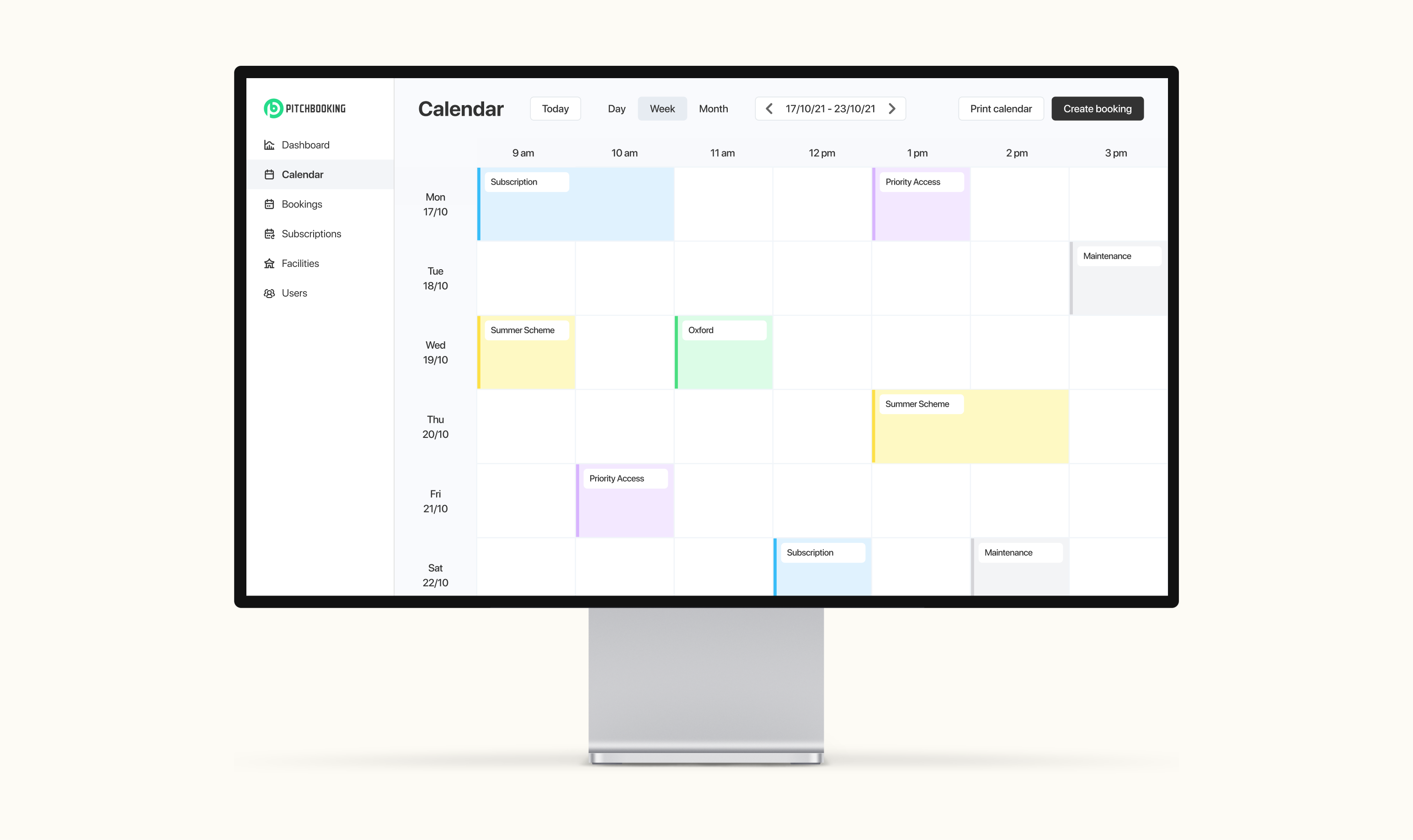 UI mockup of the redesigned Pitchbooking platform calendar view, displaying sports facility bookings by day and time across a weekly schedule.
