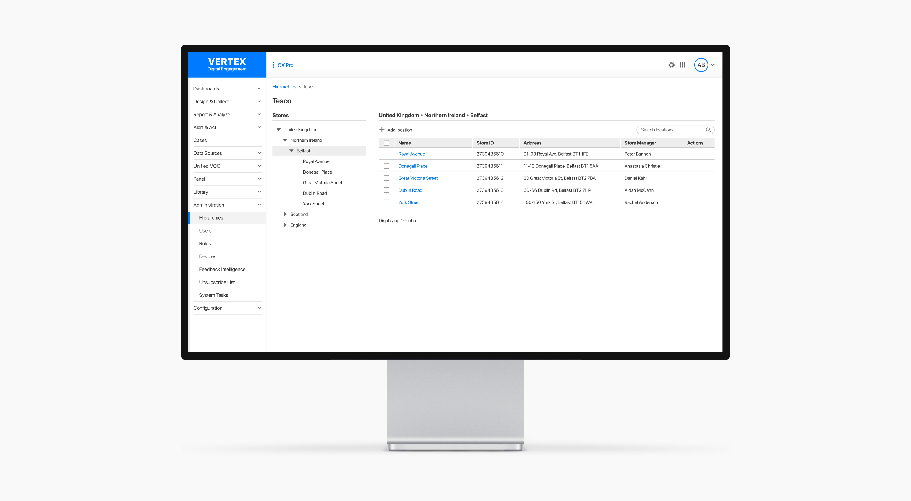 UI mockup of the Vertex Hierarchies feature displaying a list of store locations in Belfast, organized by region within a tree structure.