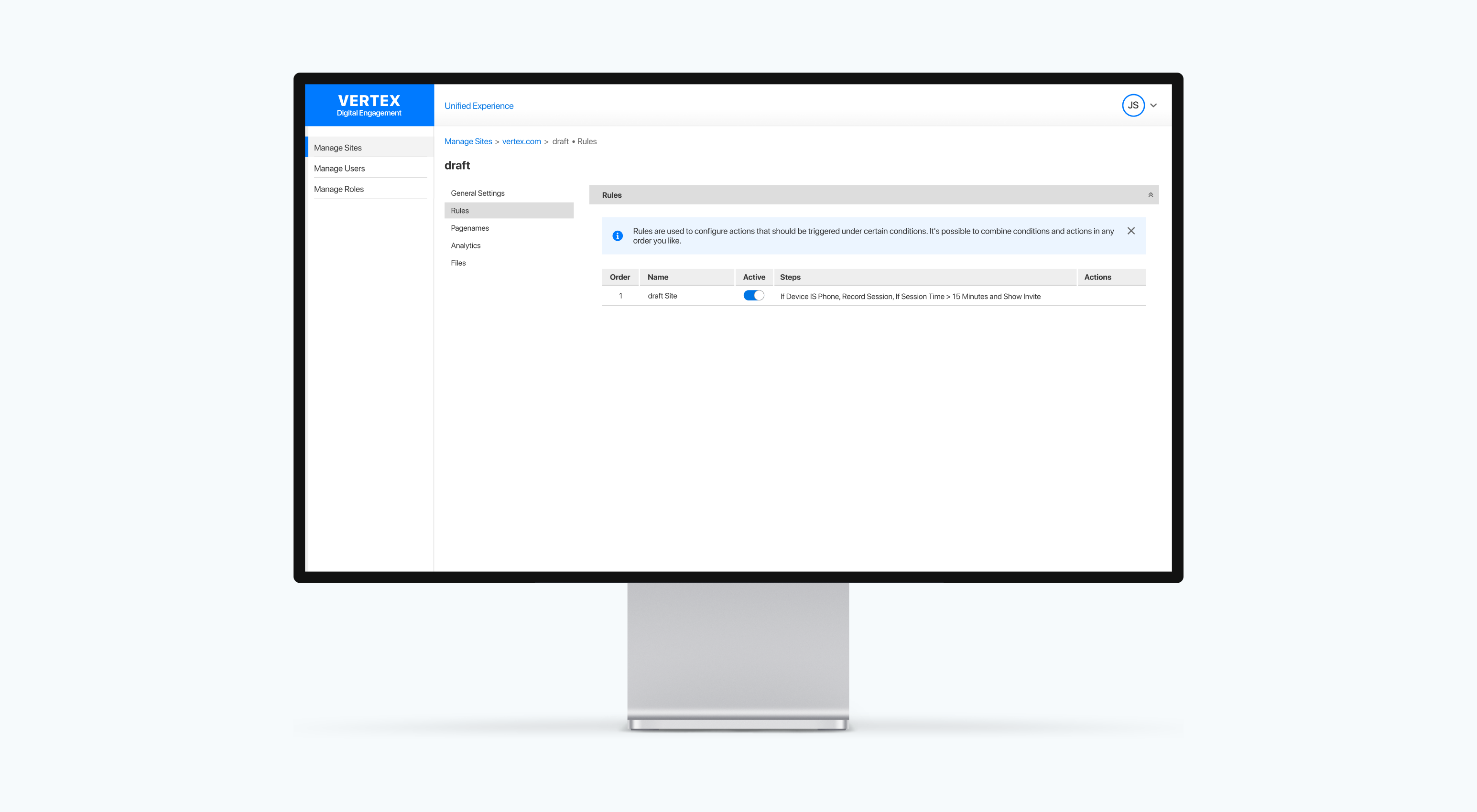 UI mockup of the Vertex Rules Engine interface showing a draft rule with steps for triggering user actions.